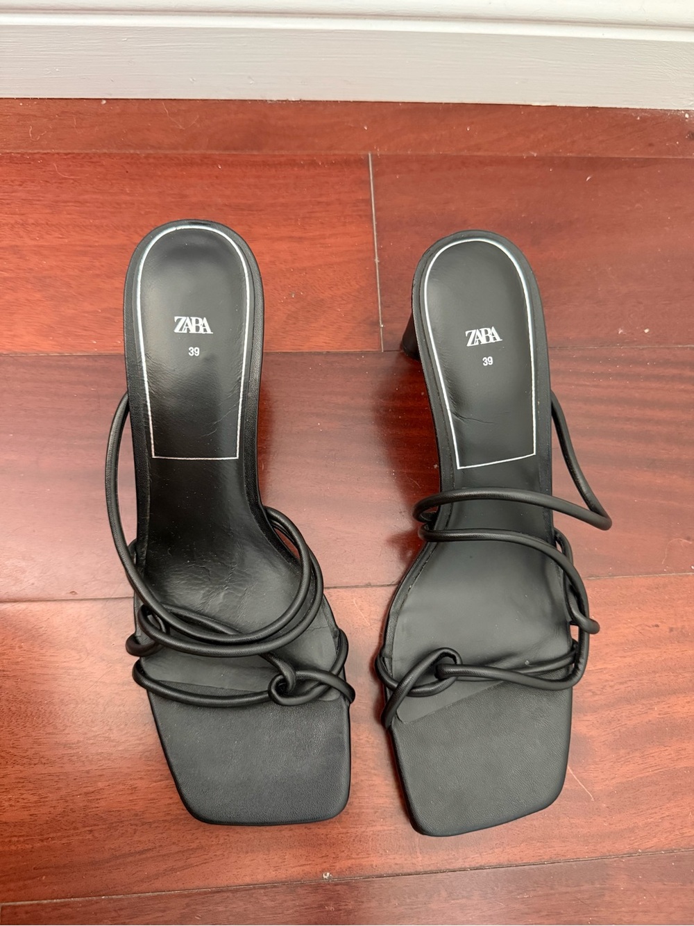 Zara Black Strappy Square-Toe Heeled Sandals with Knotted Detail